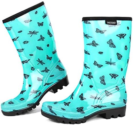 DKSUKO Waterproof Womens Rain Boots insulated,Lightweight Rubber fashion Wellies in Gardening,Warm and Comfortable Wide Calf Rain Boots with Glossy in Outdoor(Butterfly,9)