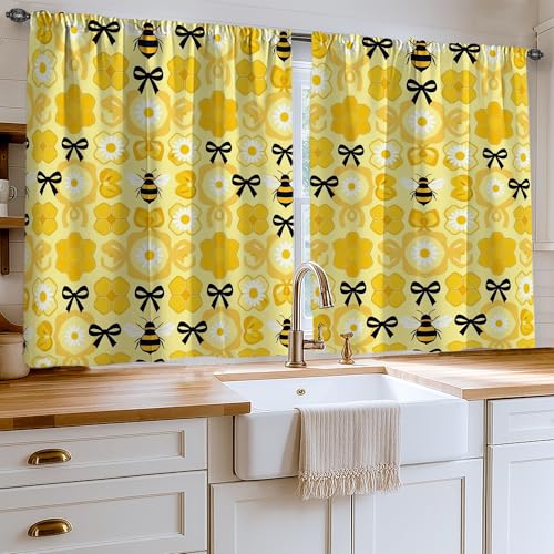 Rideaux de cuisine abeille jaune petit format 106x114 pour buanderie et évier