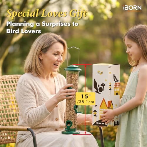 Image of iBorn Metal Bird Feeders 6 Ports Hanging Wild Bird Seed Feeder for Mix Seed Blends, Niger Seed Feeder, Sunflower Heart, Birdbath, Heavy Duty All Metal Green Finishing 14 Inch 6Port