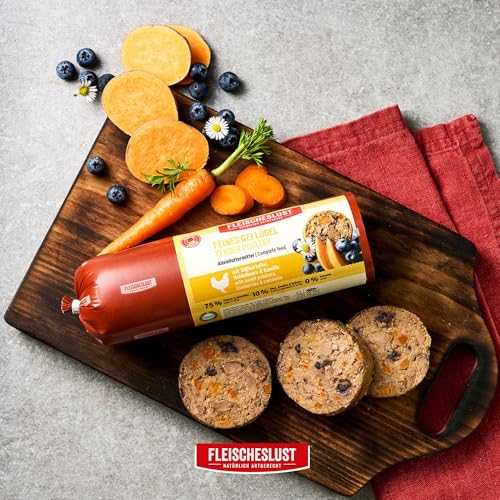 Fleischeslust Hundewurst | Feines Geflügel mit Süßkartoffel, Heidelbeere & Kamille | Futterbox (8x400g) | Nassfutter | schnittfest | getreidefrei | Alleinfuttermittel für Hunde