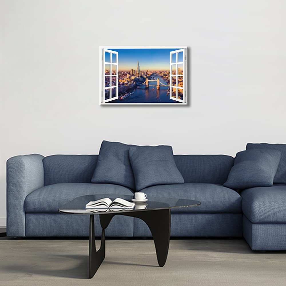 TISHIRON 3D Window Effect London Canvas Art Wall Framed Capital of England Cityscape Home Decor Natural View Pictures for Home Living Room Wall Decor Posters Prints Ready to Hang - Image 2