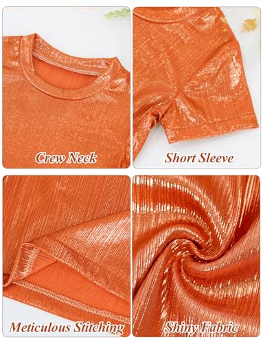 Image of Happy Cherry Kid Girl Shiny Skirt and Top Set 2 Piece Texture Ribbed Metallic Disco Rave Cheer Outfit 4-12T