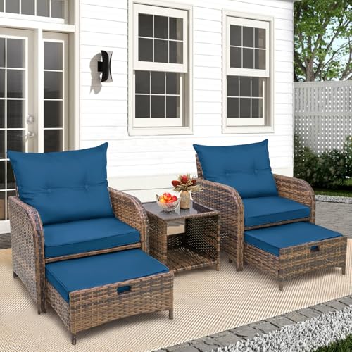 FYRICKYLINOO 5 Pieces PE Wicker Outdoor Chairs with Ottomans, 5 PCS Rattan Patio Furniture Set with Ottoman, Patio Chairs with Ottomans for Porch Balcony Sunroom, Blue Cushion