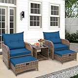 FYRICKYLINOO 5 Pieces PE Wicker Outdoor Chairs with Ottomans, 5 PCS Rattan Patio Furniture Set with Ottoman, Patio Chairs with Ottomans for Porch Balcony Sunroom, Blue Cushion