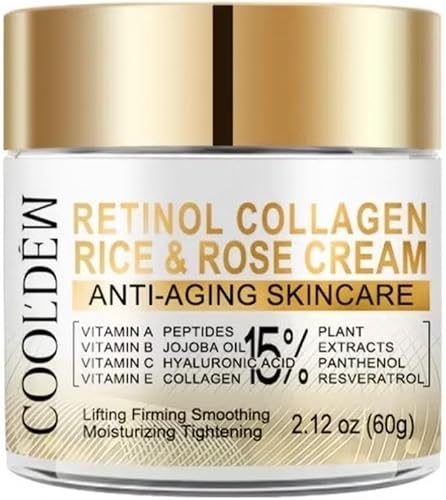 Cooldew Retinol Collagen Rice & Rose Cream – Anti-Aging Face Cream with Hyaluronic Acid, Peptides & Vitamins – Firming & Lifting 60g