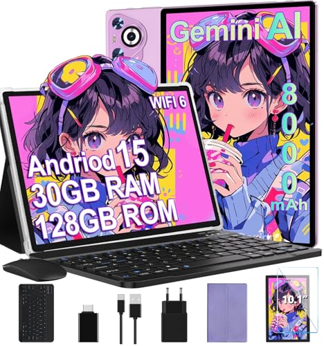 2025 Tablette Android 15 10 Pouces Écran IPS HD [30Go RAM] 128Go + TF 1To - Octo-Core, 8000mAh, Corps intégré en métal, 5MP+8MP, WiFi6, Face ID, Widevine L1 - Tablet Avec Clavier et Souris - Violet