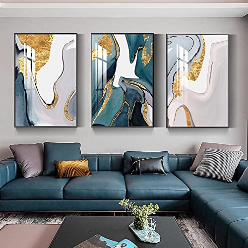 Toile art peinture moderne abstrait bleu et or 70x100cm sans cadre 3 pièces