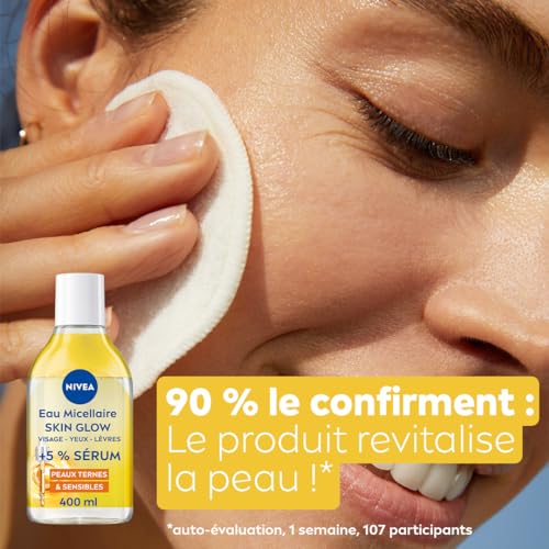 NIVEA - Eau Micellaire Visage Waterproof Skin Glow - Nettoie En Douceur, Démaquille & Illumine - 5% Sérum Aux Vitamines C & E - Complexe Amino Acid - Sans Parfum - Peaux Ternes & Sensibles - 400 ml
