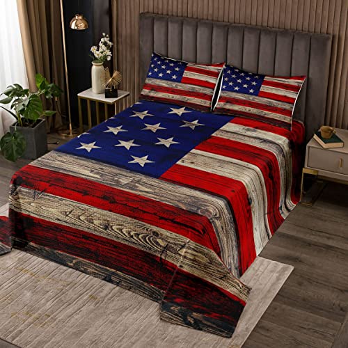 feelingyou Juego de ropa de cama con diseño de bandera americana, 240 x 260 cm, con tabla de madera marrón, estilo campestre, estilo rústico, para niños y adultos, estilo campestre, con 2 fundas de
