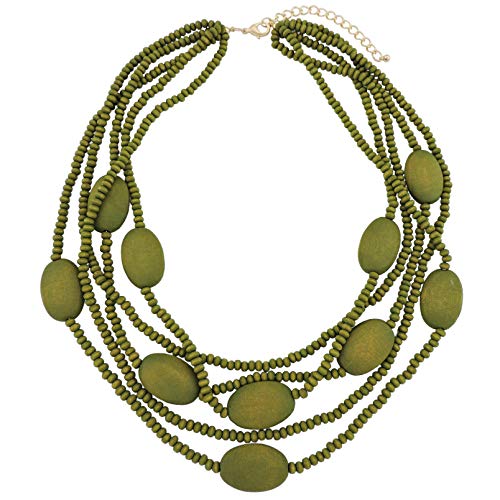 COIRIS Multi Color 5 Layers Wood Beads Strand Statement Necklace for Women Chunky Collar (N0019-Greenery)