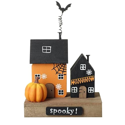Heaven Sends Decorative Wooden Spooky Haunted House - Black/Orange - 14cm x 10cm x 6cm - Halloween Decoration Autumn Pumpkin Themed Décor - Perfect for Home, Kitchen, Living Room, Tabletop