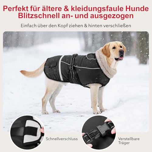 Woiil Hundemantel Winter, Hundemantel Wasserdicht für Grosse Hunde mit Verstellbaren Schultergurten, Hundejacke aus Fleece, Reflektierende Streifen, Geeignet für Deutsche Schäferhunde (XXL,Schwarz)