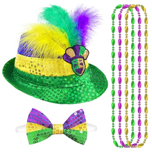 3PCS Mardi Gras Hat Sequin Fedora Hat Mardi Gras Accessories Set Include Sequin Hat Sequin Bow Tie Necklace for Men Costume Outfit Carnival Party Metallic