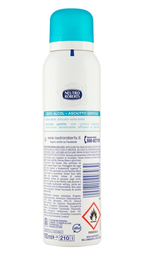 6 X Neutro Roberts, deodorante Asciutto Spray Iris e Mandorla, senza alcool e con Rockalaun, anti sudore, deodorante unisex, 150 ml + portachiavi Beni Culinari