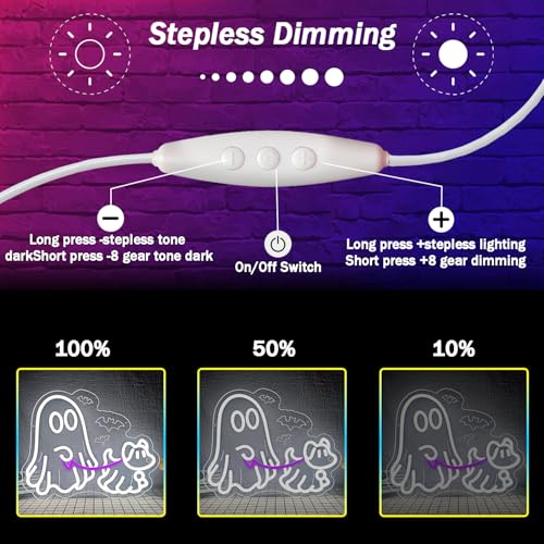 Image of Ghost Dog Neon Signs Halloween Neon Sign for Wall Decor Dimmable Ghost Neon Sign USB Powered Halloween Neon Window Sign Happy Halloween Neon Light for Bedroom Men Cave Home Party