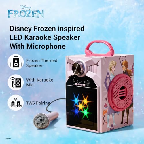 Image of Disney Frozen Kids Karaoke Bluetooth Speaker with Wired Microphone | 10W RMS Powerful Sound | RGB LED Party Lights | FM, USB, Micro SD & AUX | 4H Playtime | Perfect for Boys & Girls, Ages 5-16