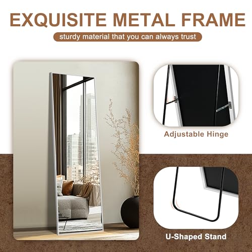 Image of Delma Full Length Mirror,Large Floor Mirror with Aluminum Frame for Bedroom, Bathroom, Living Room,Wall Mount or Freestanding Design(with Stand,Rect 56x15-Silve)