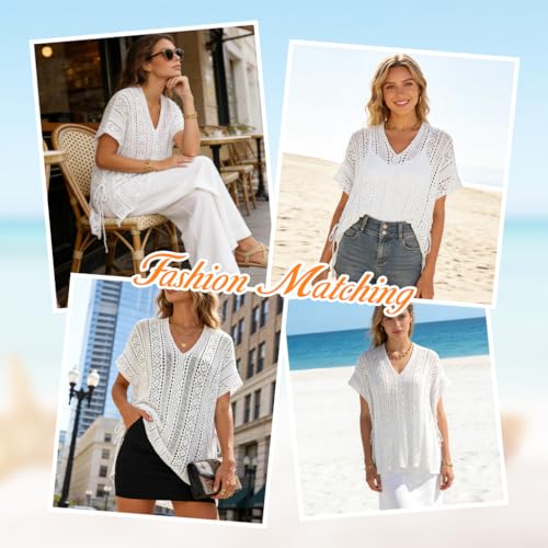 Image of SANNIDHI Crochet Cover Up for Women Loose Fit Beach Cover Up Stylish Boho V Neck Hollow Summer Top Coverup - Fits for Weight 50-70kg and Height 160-178cm
