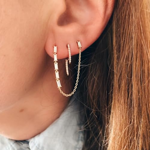 Image of Obidos 14K Gold Plated Illusion Stud Earrings for Women | Triple Huggie Hoop Earrings for One Hole| Trendy Simple Hypoallergenic Fashion Accessories Gold Jewelry Gifts for Womens