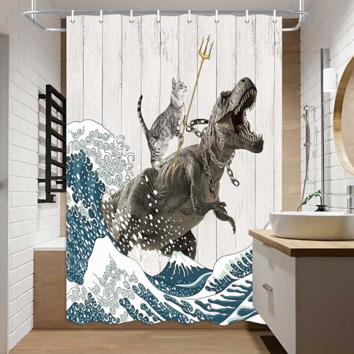 Image of Boziqr Funny Cat Shower Stall Curtain, Cool Cat Dinosaur Japanese Ocean Wave Decor Fabric RV Bathroom Curtains, Kids Children Rustic Wooden Farmhouse Shower Curtain, 47 X 64 Inches