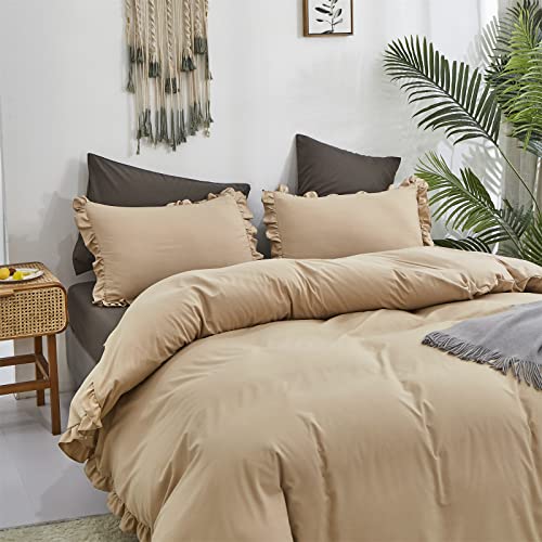 Luxlovery Champagne Ruffle Comforter Set Queen Farmhouse Shabby Khaki Bedding Comforter Set Full Taupe Sand Color Quilts Blankets Vintage Shabby Soft Breathable Boho Bedding Set For Queen Bed #TOP5