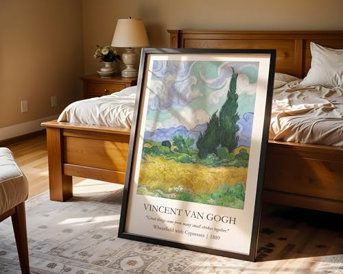 Image of Waltractive Vincent Van Gogh Paintings Framed Poster with Beautiful Quotes - Available in 33x22 and 48x33 CM - Classic Art Poster with sleek Black Frame - Elegant Home and Office Decor (Wheatfield with Cypresses, 9x13 Inch, Framed)