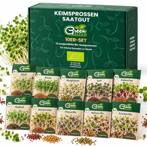 Green SEEDS Bio Keimsprossen Saatgut 10er Set in nachhaltiger Graspapier-Verpackung