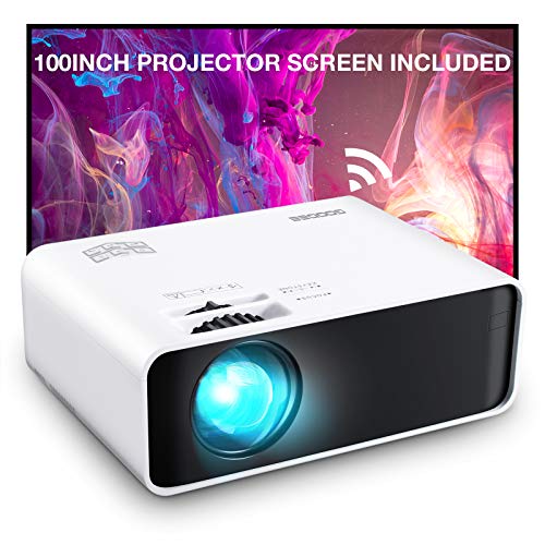 Projector, GooDee WiFi Mini Projector with Projector Screen, Synchronize Wireless Video Projector LED 1080p Full HD, Portable Home Movie Projector Compatible with TV Stick/DVD/USB, iOS/Android Phone