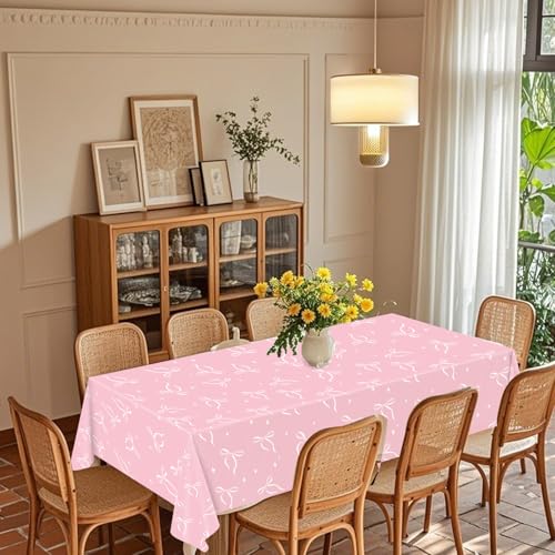 Image of QIYANPAX 4 Pack Pink Bow Tablecloth, Coquette Birthday Decorations, Bow Disposable Table Cover for Wedding Engagement Bridal Birthday Decorations, 54 x 108 Inch