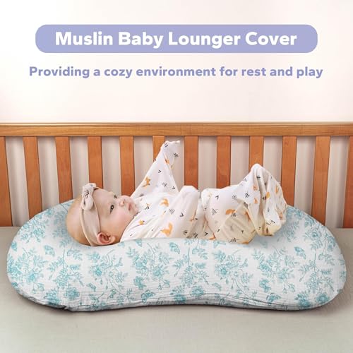 Image of FUNUPUP Muslin Baby Lounger Cover Only, Blue Flower | 100% Muslin Cotton Soft Breathable Easy On /Off Envelope Closure Machine Washable Easy-Clean Protector Neutral Colors