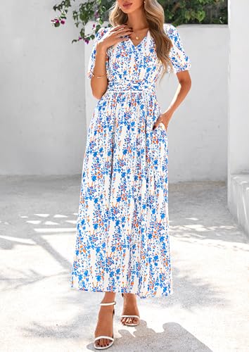 Image of PRETTYGARDEN Women's Summer Boho Maxi Dress 2025 Casual Floral V Neck Puff Short Sleeve Beach Vacation Flowy Long Sundresses