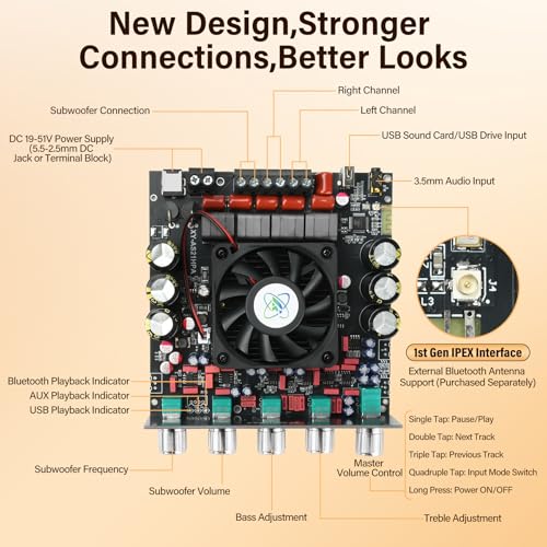 Image of Daakro AS21HPA 2.1 Channel Bluetooth Amplifier Board, 300W*2+600W Peak Power Home Audio Amplifier Board, Amp Wide Voltage Input 19-51V,Supports USB /AUX /BT Input for DIY Wireless Speaker