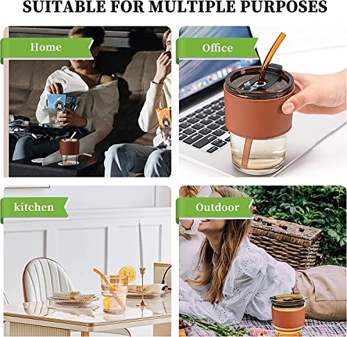 Image of Personalized Glass Tumbler with Straw & Leather Sleeve | Reusable Travel Cup with Lid for Coffee, Juice, Smoothies, Cold Drinks | Leakproof & Eco-Friendly Drinking Glass (Brown, 400ml)