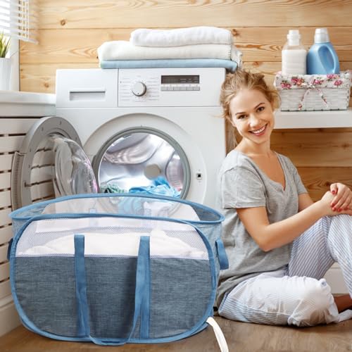 Image of 2 Pcs Collapsible Laundry Baskets, Tear Proof Pop Up Laundry Hamper with Dual Handles, Durable Foldable Laundry Basket, Easy to Carry Laundry Hamper for Home, Laundry Room, Bedroom, Dorm, Travel Blue