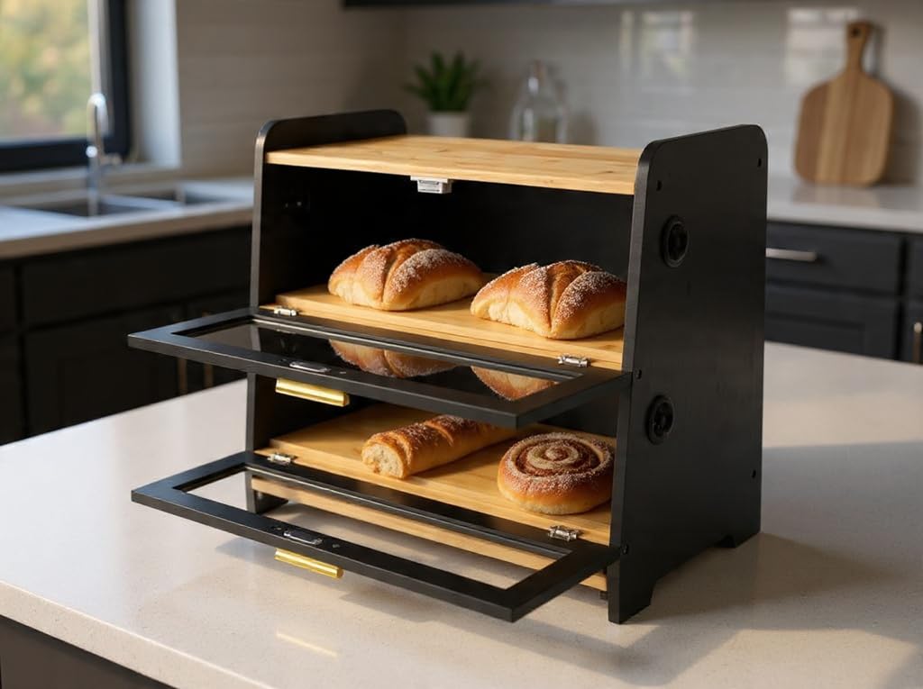 SWAYN Boîte à pain en Bambou Certifié FSC — Huche à Pain 2 étages, Ventilation Ajustable pour Prolonger la Fraîcheur, Planche Intégrée, Rangement Optimisé pour Conservation Pain (noir)