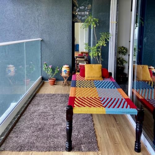 Image of Solid Sheesham Wood Charpai Khat Bed | Wooden Khatiya Charpai Desi | Handcrafted Khatiya Bed with Cotton Rope | Strong Khat for Indoor & Outdoor Use | 6X3 Feet | Striped-Multi