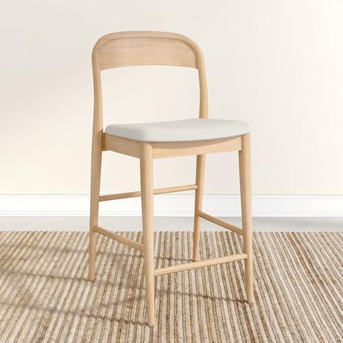 Image of Plank+Beam Loar Upholstered Counter Stool, Solid Rubberwood, Mid-Century Modern Kitchen Bar Chair, Curved Back, Low-VOC Finish, Counter Height Seating, Blonde /Sesame