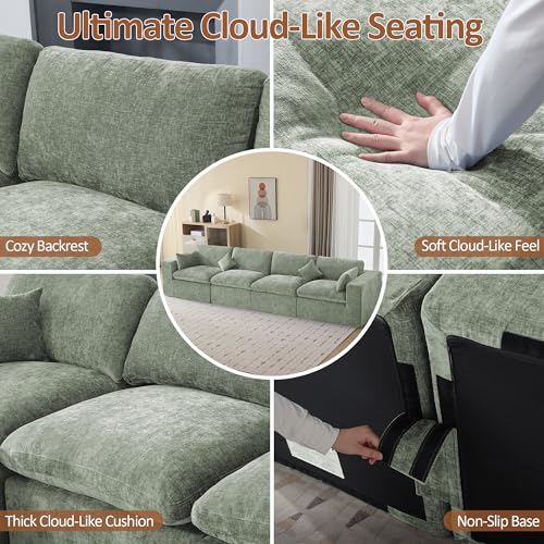 Image of 146''Cloud Boneless Sectional Couch, Modular Sectional Sofa Deep Seat, Oversized Upholstered Convertible Comfy 4 Seater Chenille Memory Foam Sofa Couches for Living Room, Green