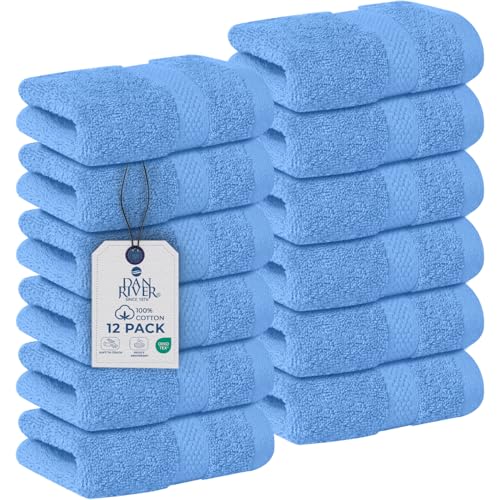 Image of DAN RIVER 12-Pack Premium 100% Cotton Medium Blue Face Towels for Bathroom - Reusable Face Wash Cloths for Showering 12x12 Inches - 550 GSM Super Soft & Absorbent Luxury WashCloths for Body, Spa & Gym