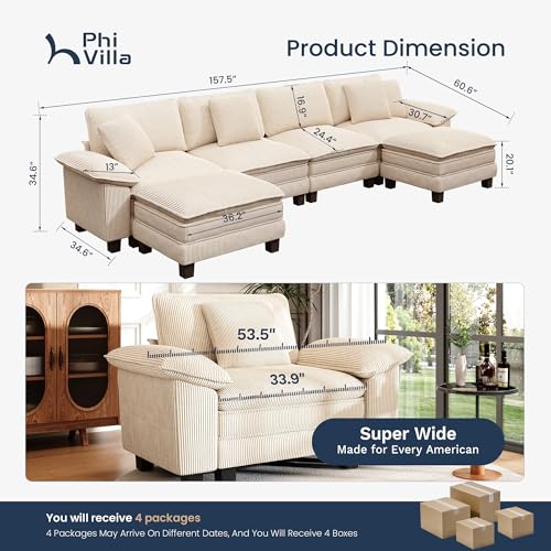 Image of PHI VILLA Cloud Modular Couch Sets, 157.5 inch Oversized Large Sectional Sofa with U-Shaped Chaise, 6-Seater Couches with Movable Ottomans for Living Room, Corduroy Beige