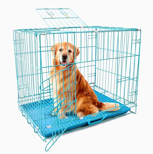 Image of woofy Pet Cage Double Door Heavy Duty Folding Metal Cage Removal Tray for Small Size Dogs and Puppies, Cat, Rabbit - 24 Inch (Sky Blue)