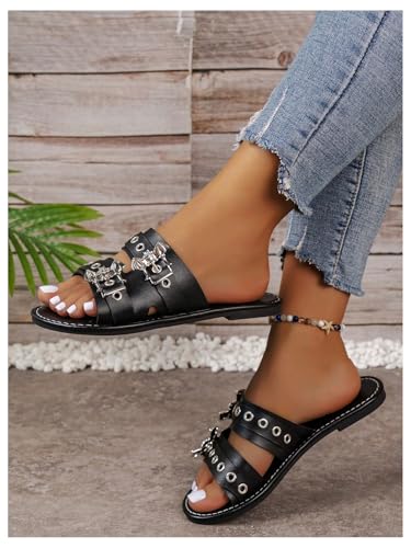 Verdusa Women's Gothic Buckle Grommet Cut Out Flat Sandals PU Leather Summer Slip on Slides4