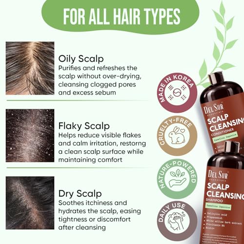 Image of DEL SUR Scalp Cleansing Shampoo and Conditioner Set | 16 fl oz Each | with Camellia Japonica, Salicylic Acid & Willow Bark | Clarifying Oil Control for Build Up & Oily Scalp