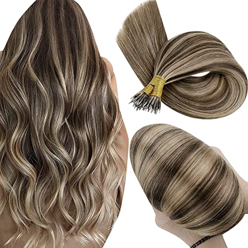 Hetto Real Human Hair Nano Hair Extensions Blonde Natural Nano Bead Extensions Pre Bonded Hair #4/27 Dark Brown Highlighted Blonde Nano Link Hair Extensions 14 Inch 50 Strands 50g