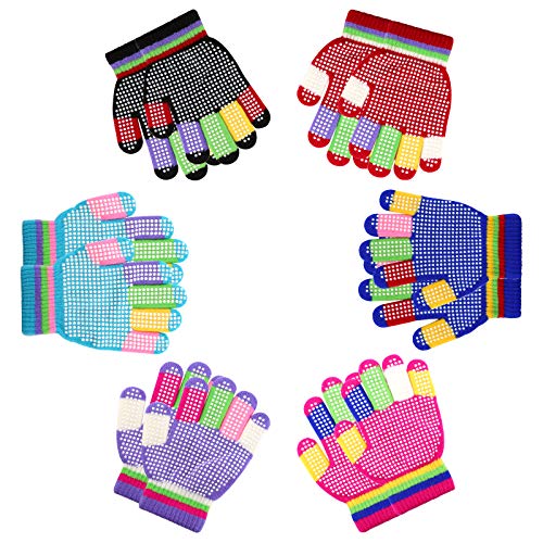 LUTER 6 Pairs Kids Anti-Skid Magic Gloves, Multicolor Winter Warm Full Finger Mittens Stretchy Knitted Gloves for Kids Boys and Girls