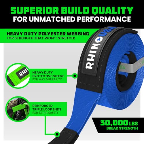 Image of Rhino USA Recovery Tow Strap (3 inchx20') - 31,518lb Break Strength- Emergency Recovery Strap Tow Rope for Truck, UTV, ATV & More - Heavy Duty Towing Strap for Offroad 4x4 Use- Compatible with Jeep (Blue)