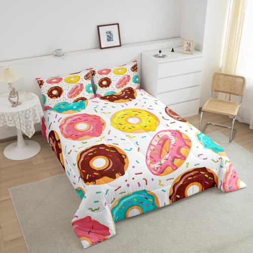 Image of Feelyou Girly Cute Comforter Set Sweet Donuts Bedding Set for Kids Boys Girls Chocolate Doughnut Cream Comforter Cute Whimsical Dessert Decor Quilt Set with 1 Pillowcase 2Pcs Bedding Twin