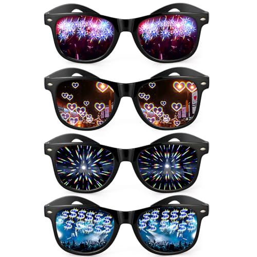 4Pcs Lunettes de Diffraction, avec Effet Arc-en-ciel et Coeur Prisme 3D et Étoile et Dollar, Lunette Diffraction Coeur Lunette Drole pour Femmes Hommes pour...