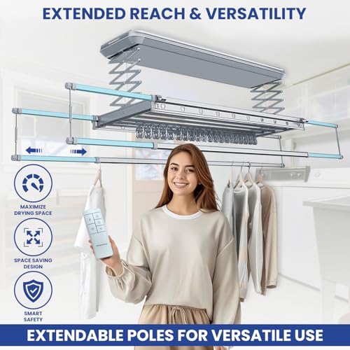 Image of KosmoCare Aluminum Alloy Ceiling Mounted Electric Clothes Drying Rack Space Saving Cloth Dryer Smart Lifting Motorized Laundry System Smart Clothes Hanger Remote Control Drying Poles Grey