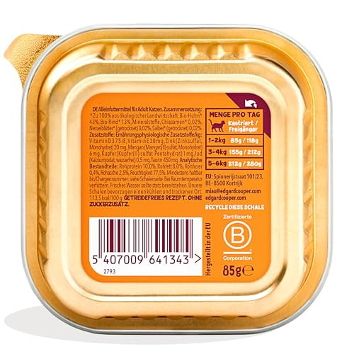 Edgard Cooper Nassfutter für Katzen Bio Huhn 85g x 16 Bio Katzenfutter nass ohne Zucker und Getreidefrei für sterilisierte und aktive Katzen natürlichen Zutaten